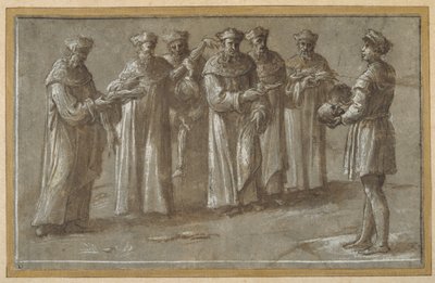 Six professors of anatomy, discussing a skull and flayed limbs (pen & brown ink with brown wash and heightening) (see also 404475) بواسطة بياجيو بوبيني
