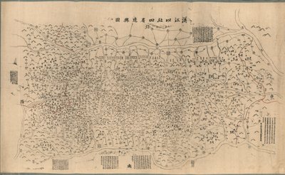 Han Jiang yi bei si sheng bian yu tu، ke ban. معلومات مخطوطة بالحبر الأحمر على الحدود الشرقية والغربية. تُثبت على الورقة الثانية وتُقوى على الحواف بقطعة قماش. متاح أيضًا من خلال موقع الويب الخاص بمكتبة الكونغرس كصورة نقطية. LC شرطي بواسطة بنجران تشنغ