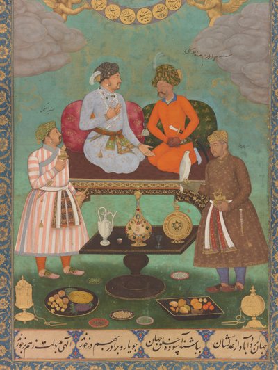 جهانجير يسلّي الشاه عباس من ألبوم سانت بطرسبرغ (التفاصيل)، حوالي 1620 (ألوان مائية وذهبية وحبر على ورق) بواسطة Bishandas
