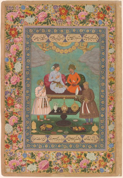 جهانجير يسلّي الشاه عباس من ألبوم سانت بطرسبرغ، حوالي 1620 (ألوان مائية وذهبية وحبر على ورق) بواسطة Bishandas