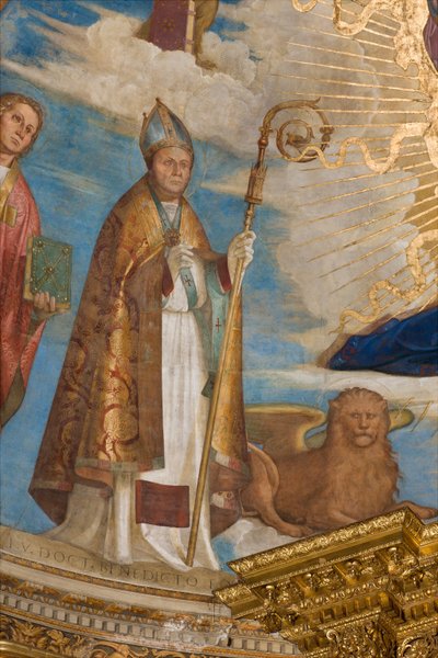 Apse ، Catino Apse ، Boccaccio Boccaccino ، Pantocrator بين القديسين Marcellino ، Imerio ، Omobono ، Peter Exorcist ، تفاصيل St. بواسطة بوكاتشيو بوكاتشينو