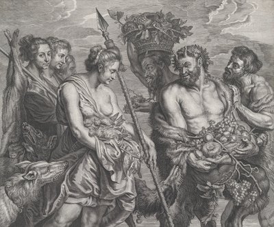 ديانا عائدة من المطاردة ، برفقة الكلاب وحورياتها على اليسار ، جلست اثنان ... ، كاليفورنيا. 1640-59. بواسطة Boetius Adams Bolswert