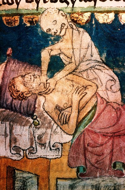 a mortal etranglant un pestifere - Death Strangling a Victim of the Plague - Miniature extraite du codex Stini، Boheme بواسطة المدرسة البوهيمية