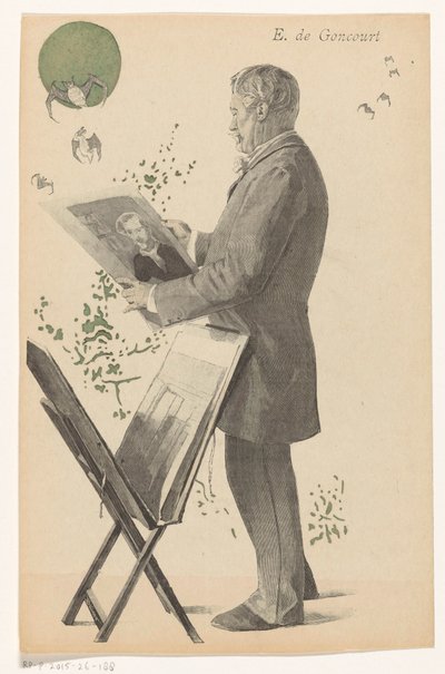 ينظر إدموند دي غونكور إلى مطبوعة ، بجانبه حامل طباعة E. de Goncourt (العنوان على الكائن) بواسطة جان بابتيست جوث