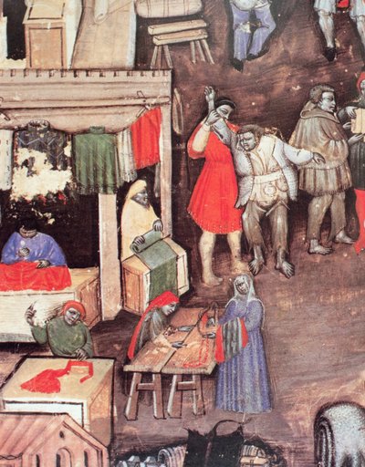 تجار أقمشة في سوق ، من مخطوطة "Statuto delle Guild of Merchants" (رق) بواسطة مدرسة بولونيز