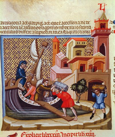 تحميل البضائع على السفينة ، من مخطوطة "Justinian Institutiones Feodorum et Alia" ، حوالي 1300 (ورق) بواسطة مدرسة بولونيز