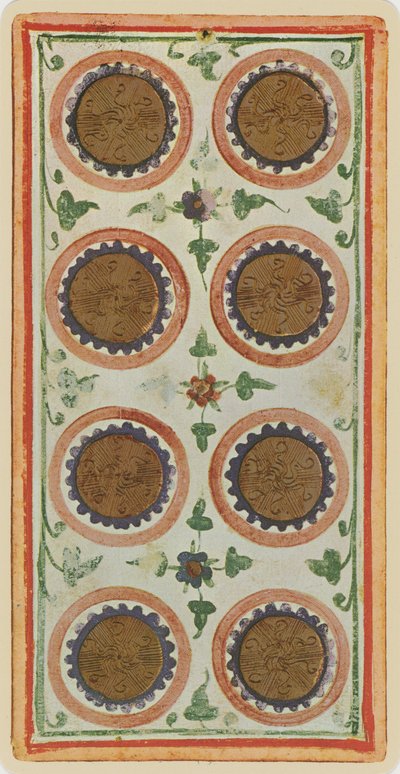 The Eight of Coins ، طبق من بطاقة التارو من سطح السفينة "Visconti" بواسطة Bonifacio (Attr.) (بعد) Bembo