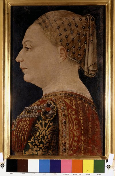 صورة لبيانكا ماريا فيسكونتي ، زوجة فرانشيسكو سفورزا (1401-1466) بواسطة بونوفاسيو بيمبو حوالي عام 1470. بيناكوتيكا دي بريرا ، ميلانو. بواسطة بونيفاسيو بيمبو