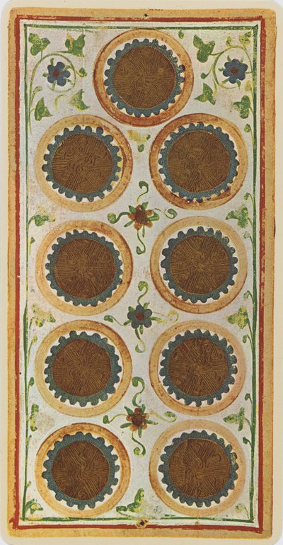 تسعة من القطع النقدية ، الفاكس لبطاقة التارو من سطح "فيسكونتي" ، 1441-1447 بواسطة بونيفاسيو بيمبو