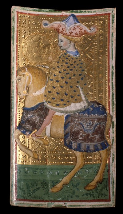 طوابق التارو Visconti-Sforza: حصان ديناري (الرسم على الرق على الورق المقوى بواسطة بونيفاسيو بيمبو