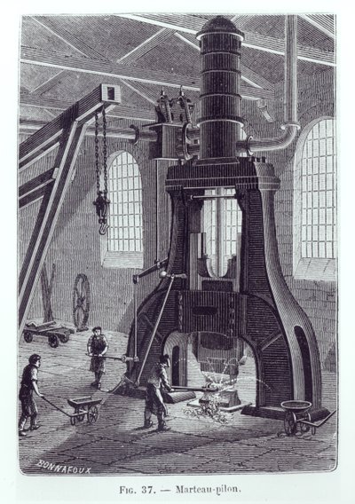 مطرقة Le Creusot Power ، توضيح لكتاب عن الآلات الصناعية ، ج. 1880 (صور من وزن الجسم) بواسطة بونافوكس