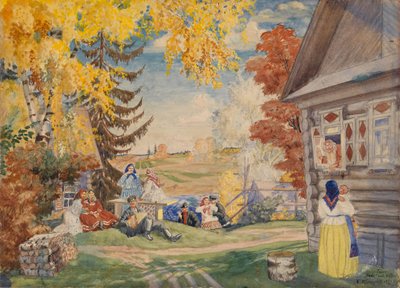 تصميم المسرح لمسرحية مسرحية الفلاحات ألكسندر نيفروف ، 1920 بواسطة بوريس ميخائيلوفيتش كوستودييف