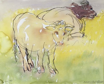 Young Bullocks in the Meadow ، 1983 (قلم وحبر مع مرحاض على ورق) بواسطة بريندا برين بوكر