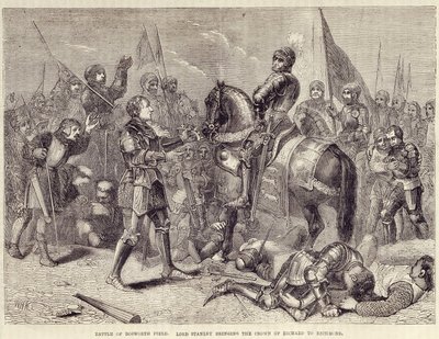 معركة ميدان بوسورث. اللورد ستانلي يجلب تاج ريتشارد الثالث إلى ريتشموند (1485): نهاية حرب الوردتين - في "" تاريخ إنكلترا المصور لكاسيل "، المجلد. الثاني ، بقلم ويليام هوويت بواسطة المدرسة البريطانية
