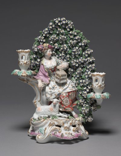 الشمعدان مع Shepherdess ، الشركة المصنعة Derby Porcelain Factory بواسطة المدرسة البريطانية