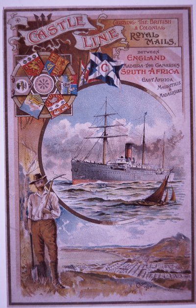 كتيب Castle Line مع قائمة ركاب قلعة Tantallon التي تبحر من كيب تاون إلى لندن في عام 1898 (لون ليثو) بواسطة المدرسة البريطانية