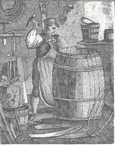 Cooper making barrel (engraving) بواسطة المدرسة البريطانية