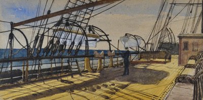 سطح سفينة SS Don التابعة لشركة Royal Steam Packet Line في طريقها إلى ديميرارا، منقوش، حوالي 1880-90 (ألوان مائية) بواسطة المدرسة البريطانية
