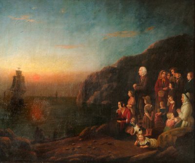 رحيل "ماي فلاور" عام 1620 (زيت على قماش) بواسطة المدرسة البريطانية