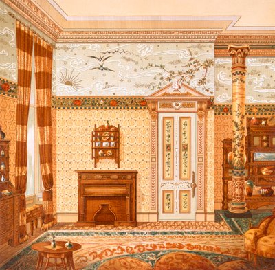 التصميم الداخلي الجمالي ، من "الديكورات الداخلية التي صممها McCulloch & Gow" ، تم نشره في ثمانينيات القرن التاسع عشر (لون ليثو) بواسطة المدرسة البريطانية