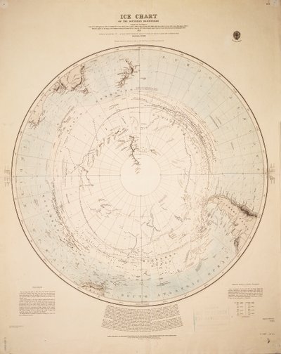 مخطط جليدي لنصف الكرة الأرضية الجنوبي تم تجميعه من رحلات كوك 1772-1772، وبيلينغسهاوزن 1819-1821، وشاكلتون 1908-1908 بواسطة المدرسة البريطانية