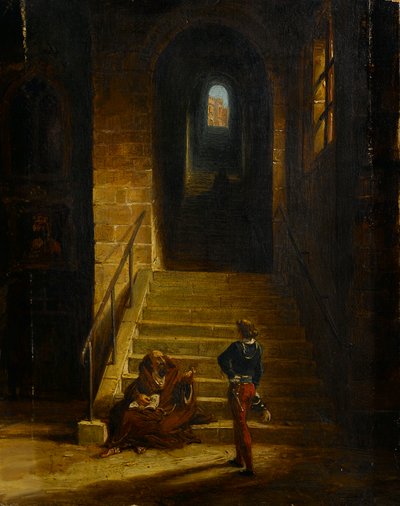 الجزء الداخلي من القلعة، مع راهب جالس، حوالي 1850 (زيت على قماش) بواسطة المدرسة البريطانية