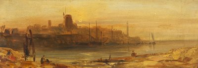 غروب الشمس: الميناء والمنارة ، حوالي عام 1825 (زيت على ورق على قماش كتاني) بواسطة المدرسة البريطانية