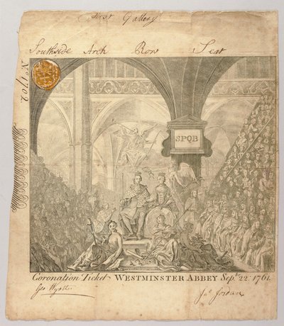 تذكرة حفل تتويج جورج الثالث في وستمنستر أبي ، نقشها جورج بيكهام ، 22 سبتمبر 1761 (نقش) بواسطة المدرسة البريطانية