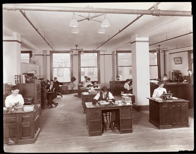 رجال ونساء في مكتب مفتوح في Parke ، Davis und Co. ، الكيميائيون ، Hudson und Vestry Streets ، نيويورك ، 1910 (طباعة الجيلاتين الفضي) بواسطة شركة بايرون