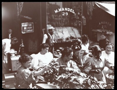 منظر لنساء يتسوقن لشراء الخضروات من بائع متجول في شارع هيستر ، نيويورك ، 1898 (طباعة الجيلاتين الفضي) بواسطة شركة بايرون