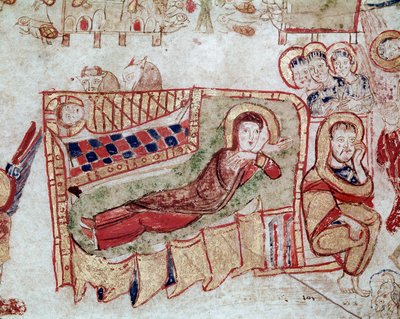 الفن البيزنطي: "" الميلاد والبشارة للرعاة "" منمنمة مأخوذة من "" Exultet "من بداية القرن الحادي عشر Museo Diocesano، Gaeta بواسطة البيزنطية