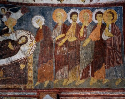 رقاد السيدة العذراء بين الرسل ، التفاصيل ، لوحة جدارية بيزنطية (القرن الثالث عشر) ، جولشهير كارسي كيليز (كنيسة القديس يوحنا) ، جوريم (قائمة اليونسكو للتراث العالمي بواسطة البيزنطية