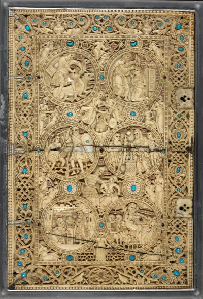 Egerton MS 1139 الغلاف العلوي بمناظر من حياة داود ، "سفر الملكة ميليسيندي" ، القدس ، حوالي 1131-40 (عاجي وفيروزي) بواسطة البيزنطية