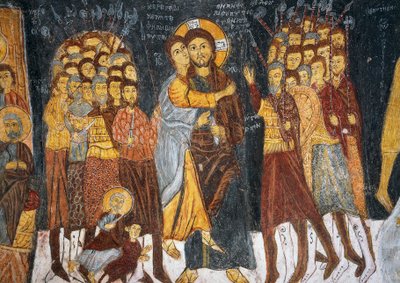 قبلة يهوذا ، لوحة جدارية بيزنطية (1212) ، Gulsehir Karsi Kilise (كنيسة القديس يوحنا) ، جوريم (قائمة اليونسكو للتراث العالمي بواسطة البيزنطية