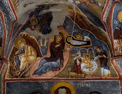 المهد ، لوحة جدارية بيزنطية (القرن الثاني عشر) ، Karanlik Kilise (الكنيسة المظلمة) (القرنان الثاني عشر والثالث عشر) ، جوريم (قائمة اليونسكو للتراث العالمي بواسطة البيزنطية