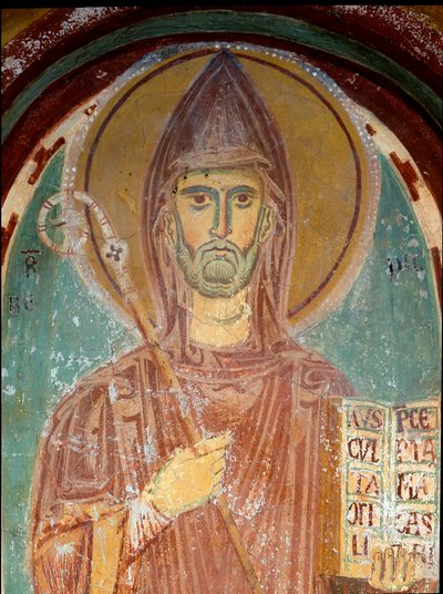 Representation of Saint Benedict of Nursie (6th century) Detail of a fresco of the Byzantine school. The beginning of the 13th century. Monastery of Saint Benoit (Sacro Speco), Chapel of Saint Gregoire a Subiaco (Rome), Italy بواسطة البيزنطية