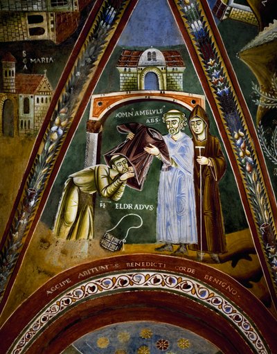 St Nicola, stories of life of St Eldrad and St Nicholas, St Eldrado turned towards St James of Compostela: receiving a monastic habit from Abbot of Novalesa, detail بواسطة البيزنطية