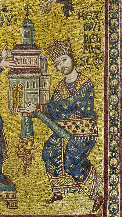 transept: الفسيفساء البيزنطية التي تصور الملك ويليام الثاني يقدم الكاتدرائية لمريم العذراء ، التفاصيل (فسيفساء) بواسطة البيزنطية