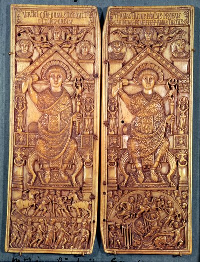 diptych القنصلية من Anastasius (491-518) منحوتة في القسطنطينية ، نمط Theodosian ، 517 م بواسطة المدرسة البيزنطية