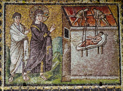 Jesus miraculously warried a paralytic at Capharnaeum Mosaic of the 6th century. Basilica of Saint Apollinar the Nine of Ravenna (Sant