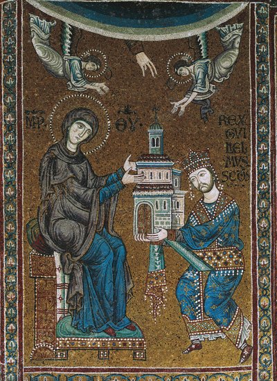 King William II of Sicily offers the Church of Monreale to the Virgin (mosaic) بواسطة المدرسة البيزنطية