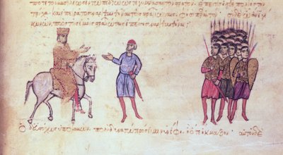 MMS Vitr 26-7 الجيش البيزنطي يطرد البلغار من Tzar Krum من مدريد Skylitzes (الحبر والذهب على الرق) بواسطة المدرسة البيزنطية
