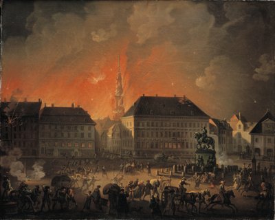أفظع ليلة. منظر لـ Kongens Nytorv في كوبنهاغن أثناء القصف الإنجليزي على كوبنهاغن في الليل بين 4 و 5 سبتمبر 1807 بواسطة كاليفورنيا لورنتزن