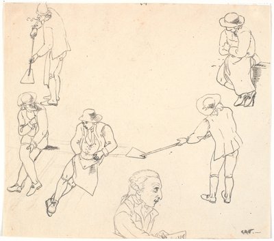 رسم تخطيطي بستة شخصيات ذكور ، اثنان منهم بمجارف ، وثلاثة جالسين ، وشخصية ذكرية بواسطة سي دي فريتزش
