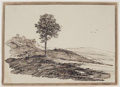 المناظر الطبيعية الجبلية مع الأشجار ، في المنازل الخلفية بواسطة C.F. von Rumohr
