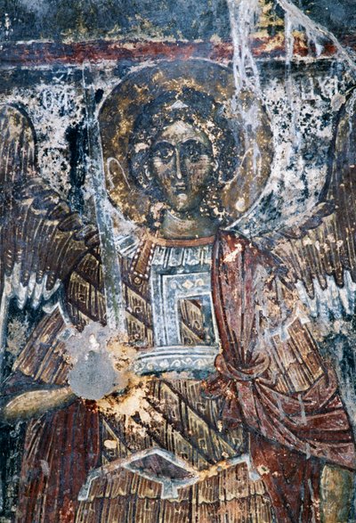 Horse, damaged fresco on ceiling of the church of Agios Vasileios, Vavouledo, Crete, Greece (photo) بواسطة جي بي وبراون جيه وروبوتام