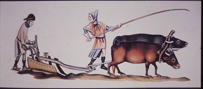 رجال القرون الوسطى يحرثون بالثيران ، من مشهد من Luttrell Psalter (color litho) بواسطة جي بي وبراون جيه وروبوتام