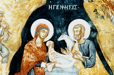 Nativity fresco in Mikro Sotiris monastery, Symi island, Greece (photo) بواسطة جي بي وبراون جيه وروبوتام