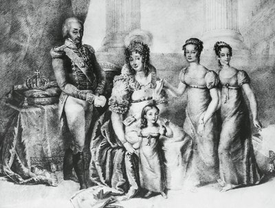 Portrait of Victor Emmanuel I, King of Sardinia and Duke of Savoy, Piedmont and Aosta, with his wife Maria Theresa of Austria-Este and his daughters, Maria Teresa of Savoy (1803-1879), Maria Anna of Savoy and Maria Cristina of Savoy, engraving بواسطة جي بي وبراون جيه وروبوتام