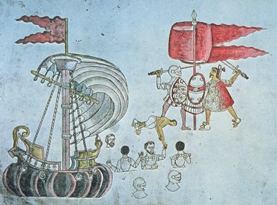 ذهب الجنود الأسبان من هرنان كورتيس إلى الشاطئ عام 1519 لمحاربة الأزتيك ، تم نسخه من Codex Azcatitlan ، حوالي 1550 (لون ليثو) بواسطة جي بي وبراون جيه وروبوتام